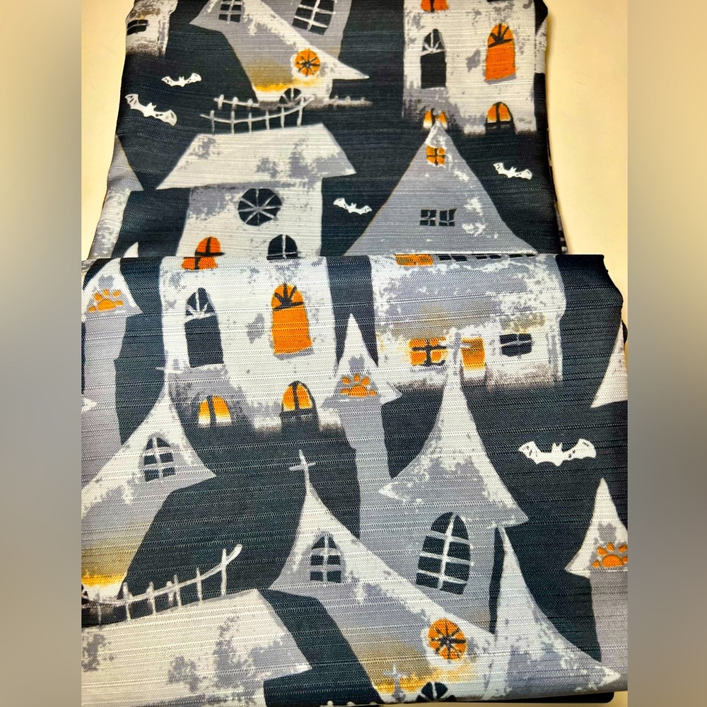 Halloween Haunted Village Houses Fabric Shower Curtain + Roller Hooks Gloomy